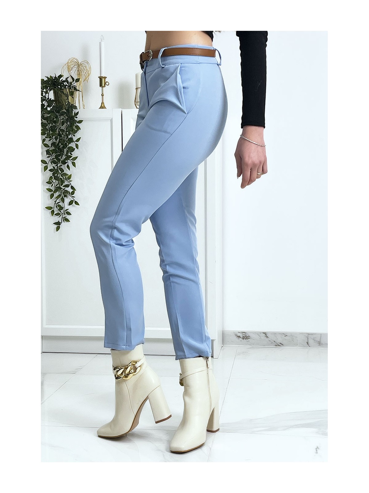 Pantalon working girl bleu avec poches et ceinture - 5