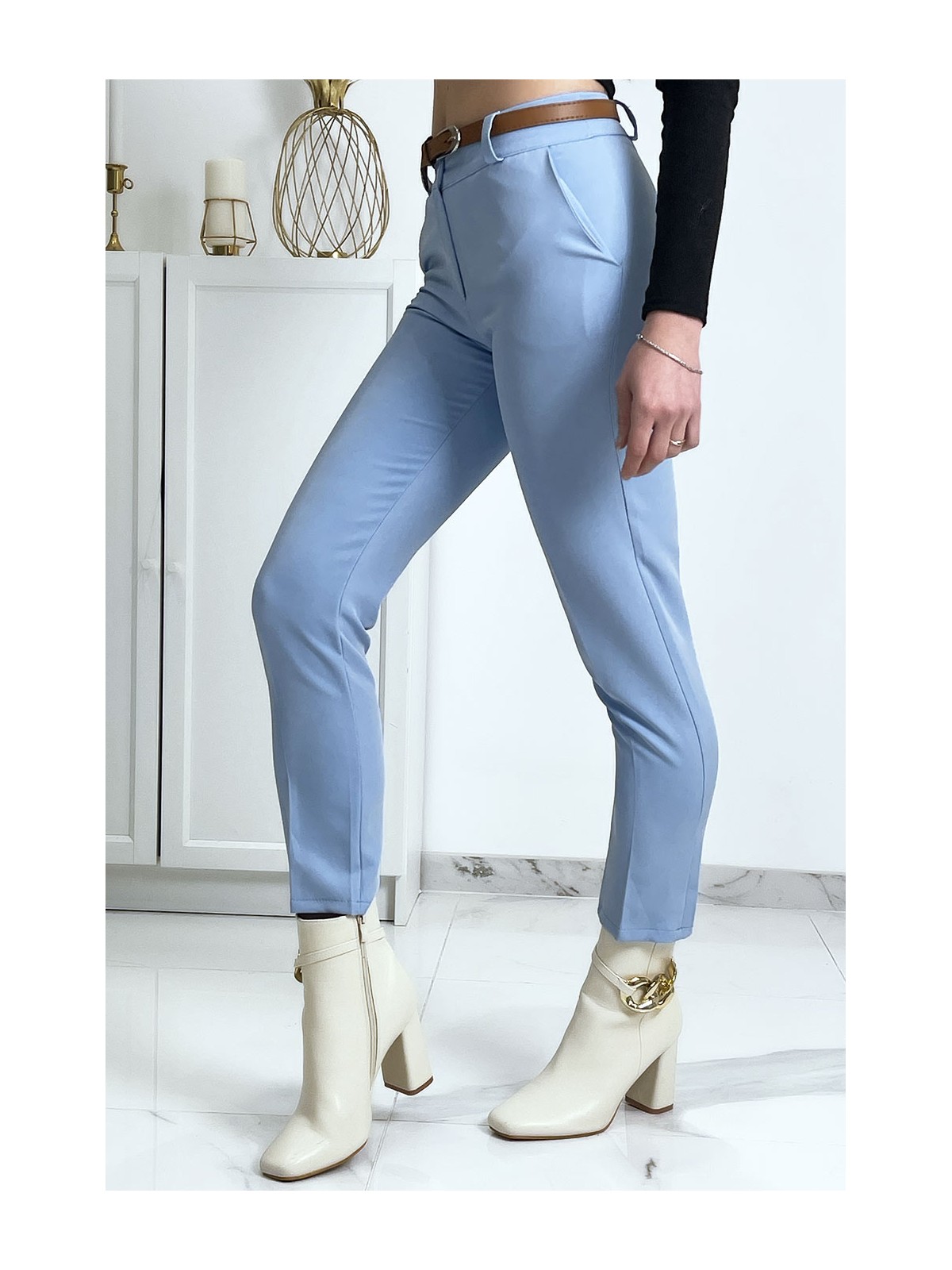 Pantalon working girl bleu avec poches et ceinture - 6