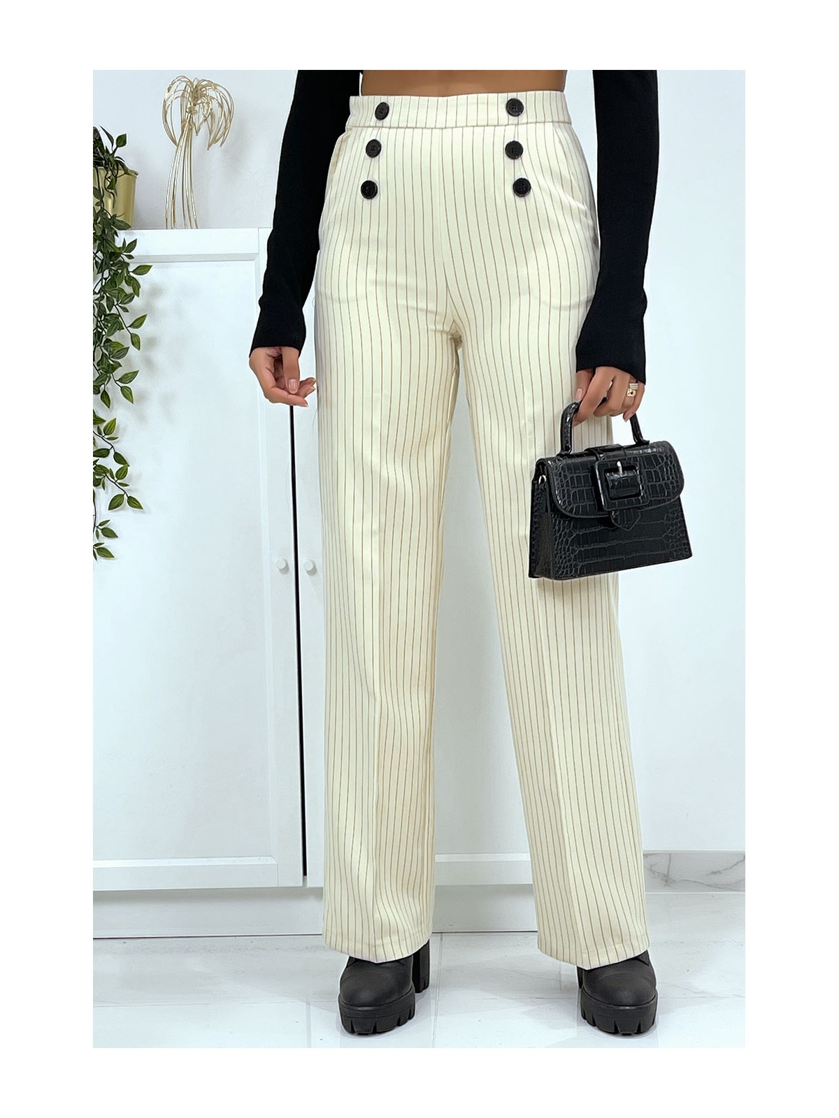 Pantalon palazzo beige à rayure avec poches - 2