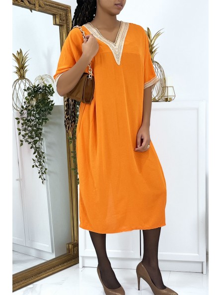 Robe tunique over size orange vol V avec dentelle - 3