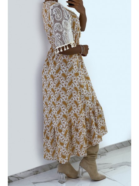 Longue robe beige avec dentelle et motif - 2