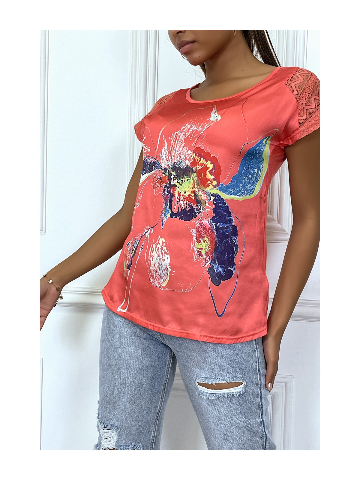 Tee shirt corail fluide, matière satinée sur le devant, avec imprimé fleur en couleur - 5100 - 2