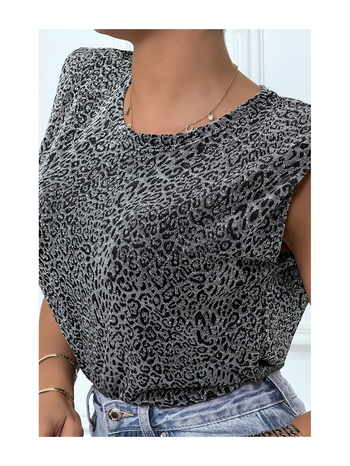 T-shirt argenté avec épaulettes et motif léopard - 2