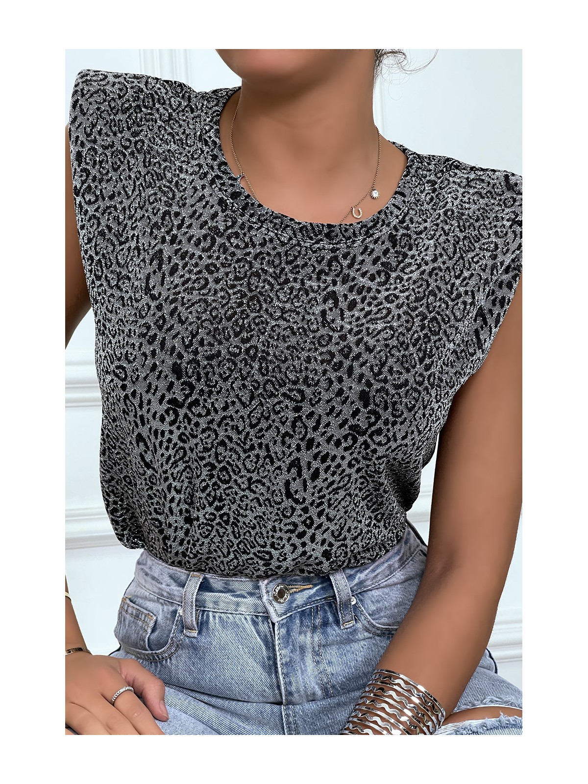 T-shirt argenté avec épaulettes et motif léopard - 4