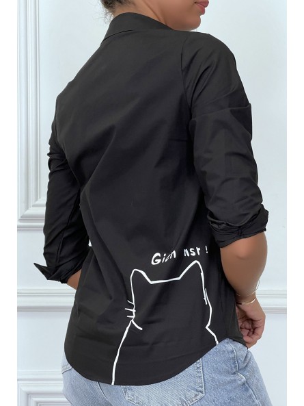Chemise noire cintrée avec illustration chat - 1