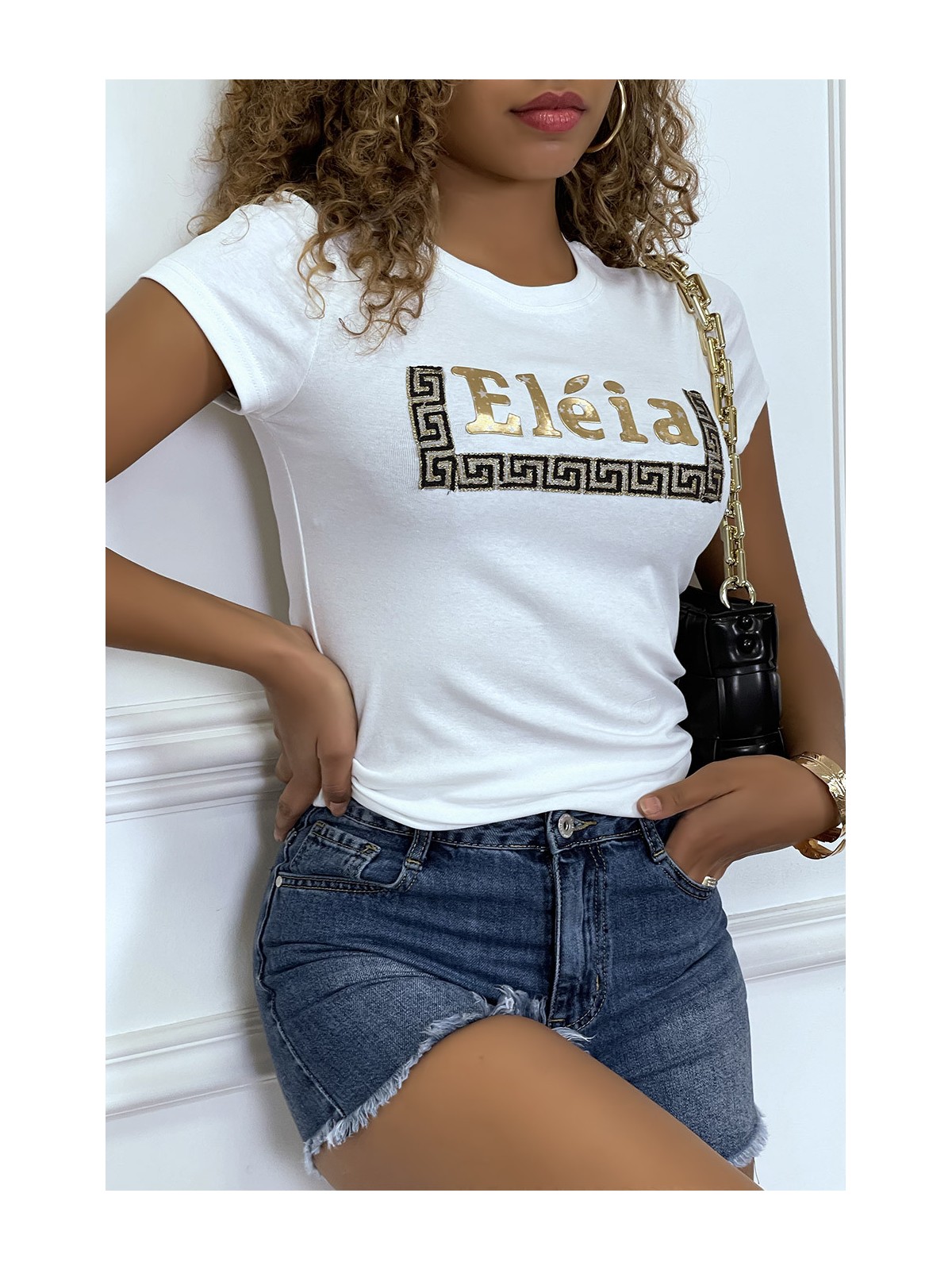 T-shirt blanc manches courtes, avec écriture dorée "Eléia" et imprimés - 3