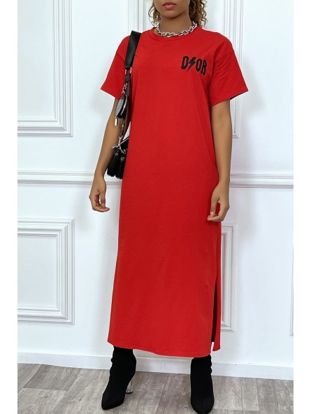 Robe longue rouge manches courtes, écriture"D/or", avec fentes - 1