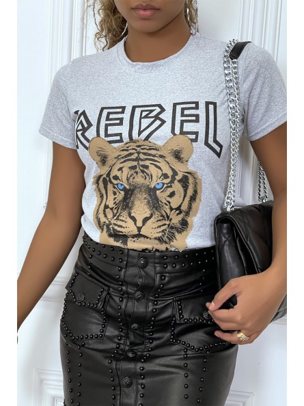 Tee-shirt gris cintrée avec écriture REBEL et tête de lion - 5