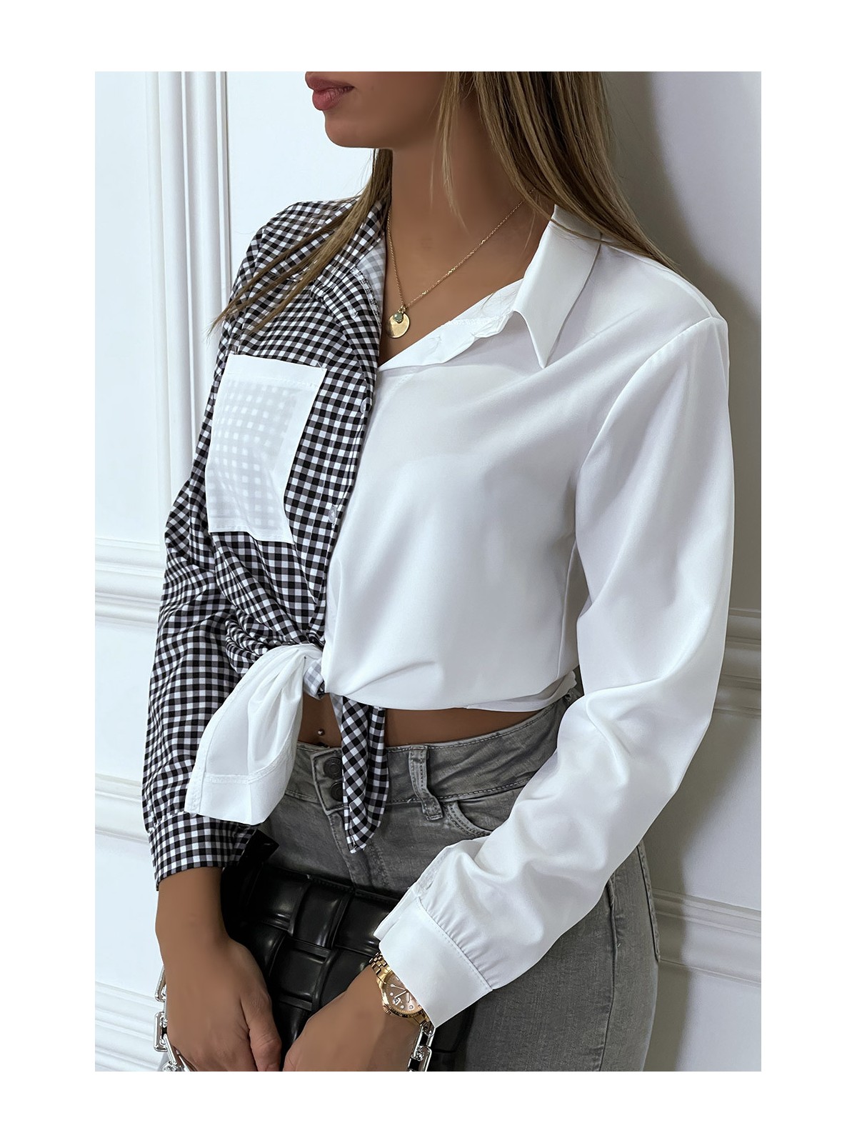 Chemise blanche bicolor à carreaux blanc et noir - 3
