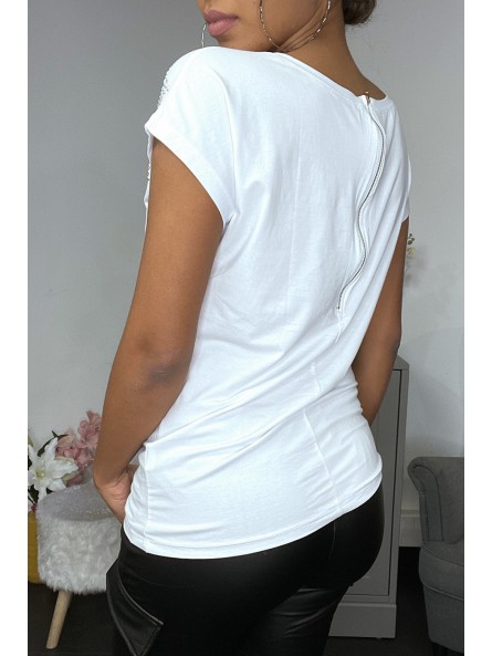 T-shirt blanc à strass et zip au dos - 2