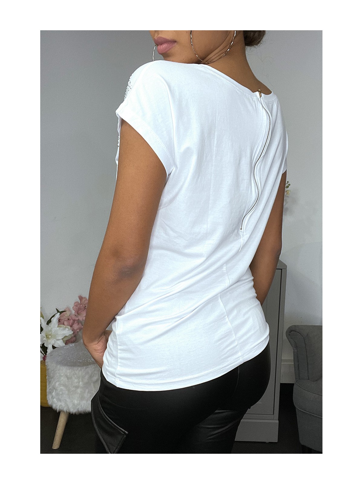 T-shirt blanc à strass et zip au dos - 2