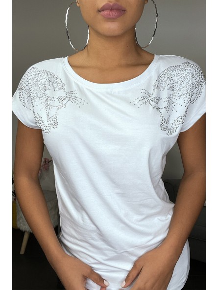 T-shirt blanc à strass et zip au dos - 3