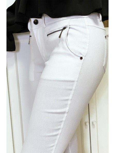 Pantalon slim blanc en strech avec zip et poches - 6