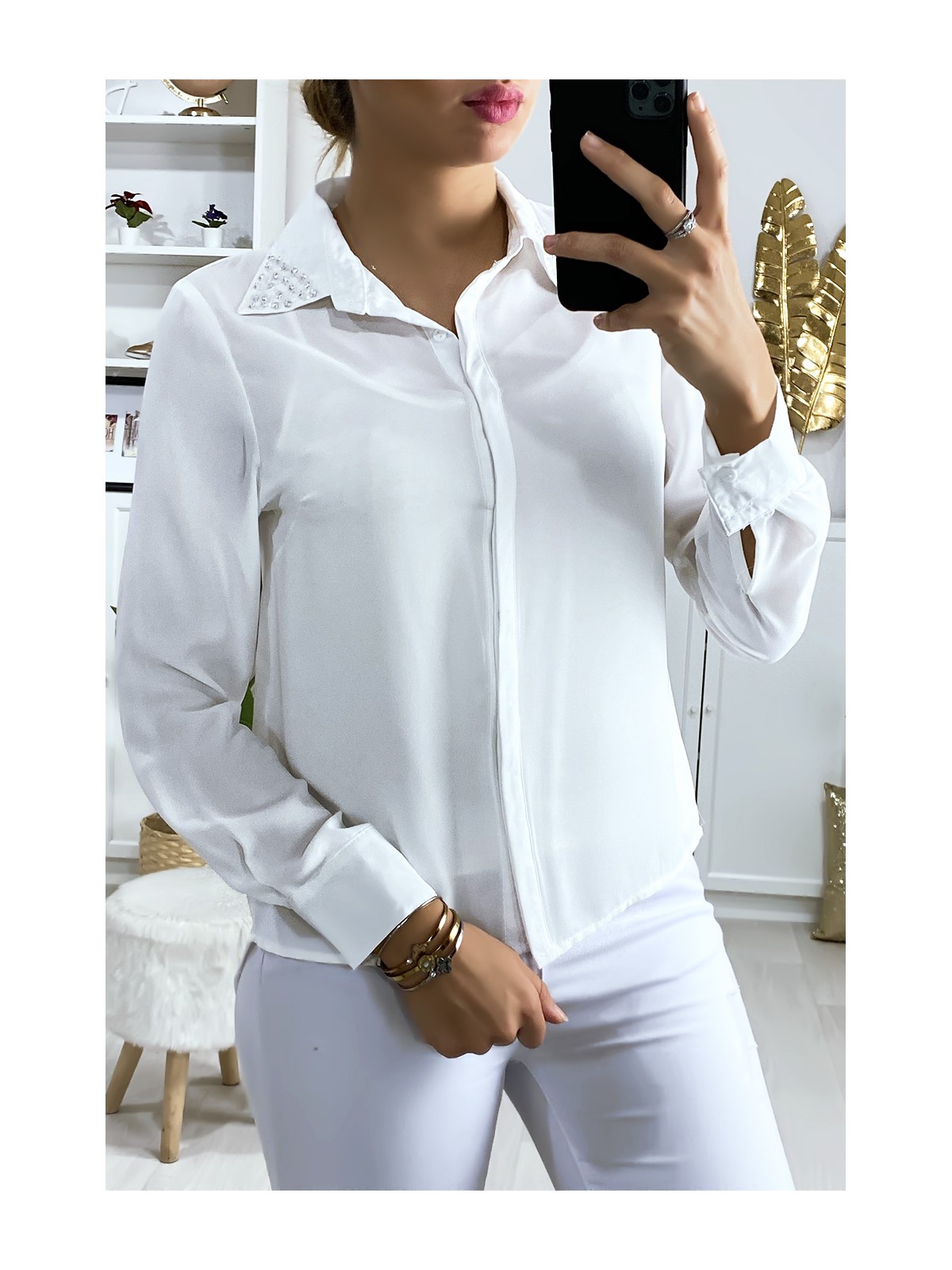 Chemise blanche avec strass au col - 2