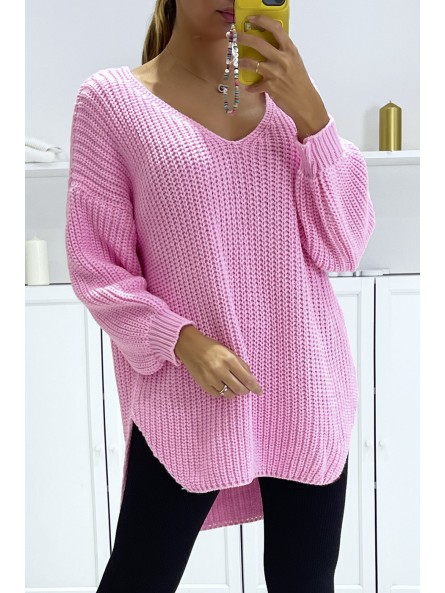 Pull rose bonbon asymétrique en tricot à col v et manches bouffantes, ultra doux - 1