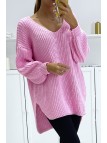 Pull rose bonbon asymétrique en tricot à col v et manches bouffantes, ultra doux - 2