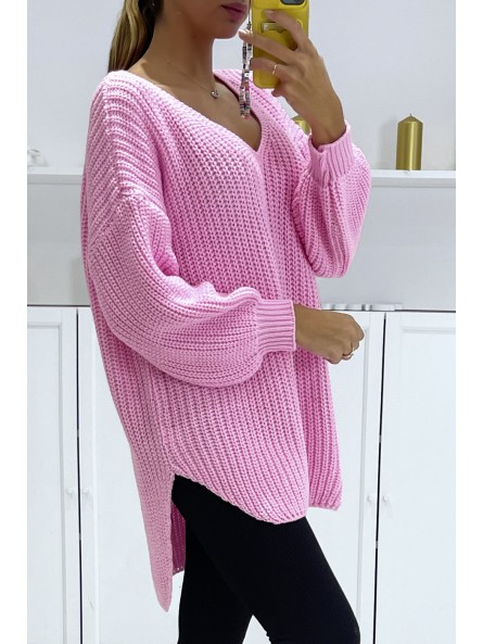 Pull rose bonbon asymétrique en tricot à col v et manches bouffantes, ultra doux - 3