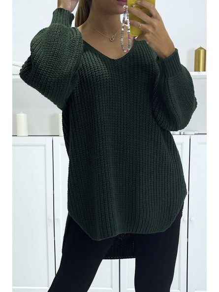 Pull vert asymétrique en tricot à col v et manches bouffantes, ultra doux - 1