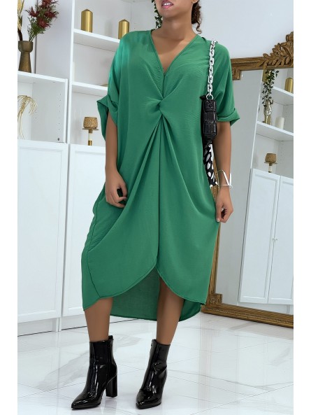 Longue robe tunique verte over-size croisé devant - 1