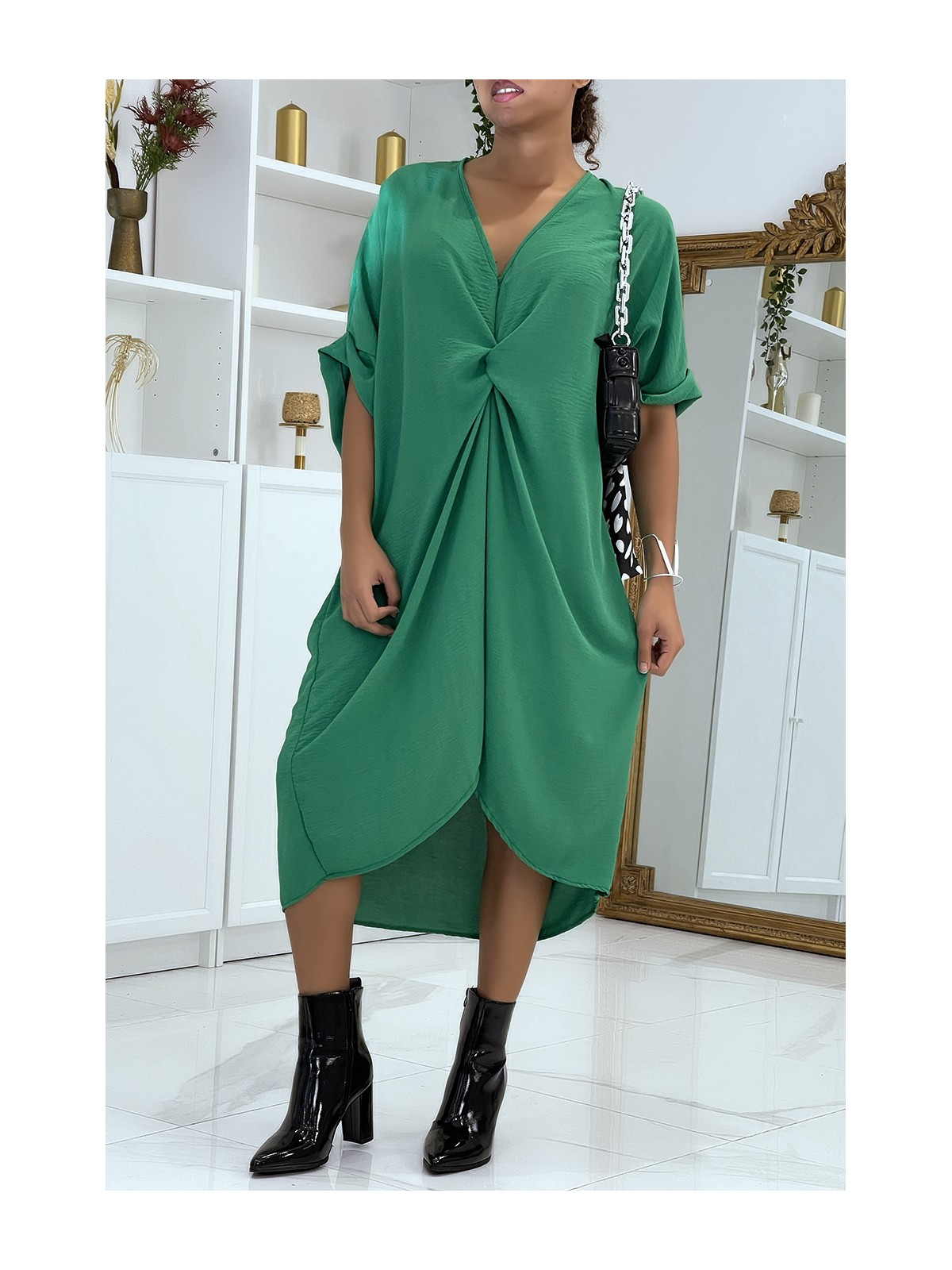 Longue robe tunique verte over-size croisé devant - 1