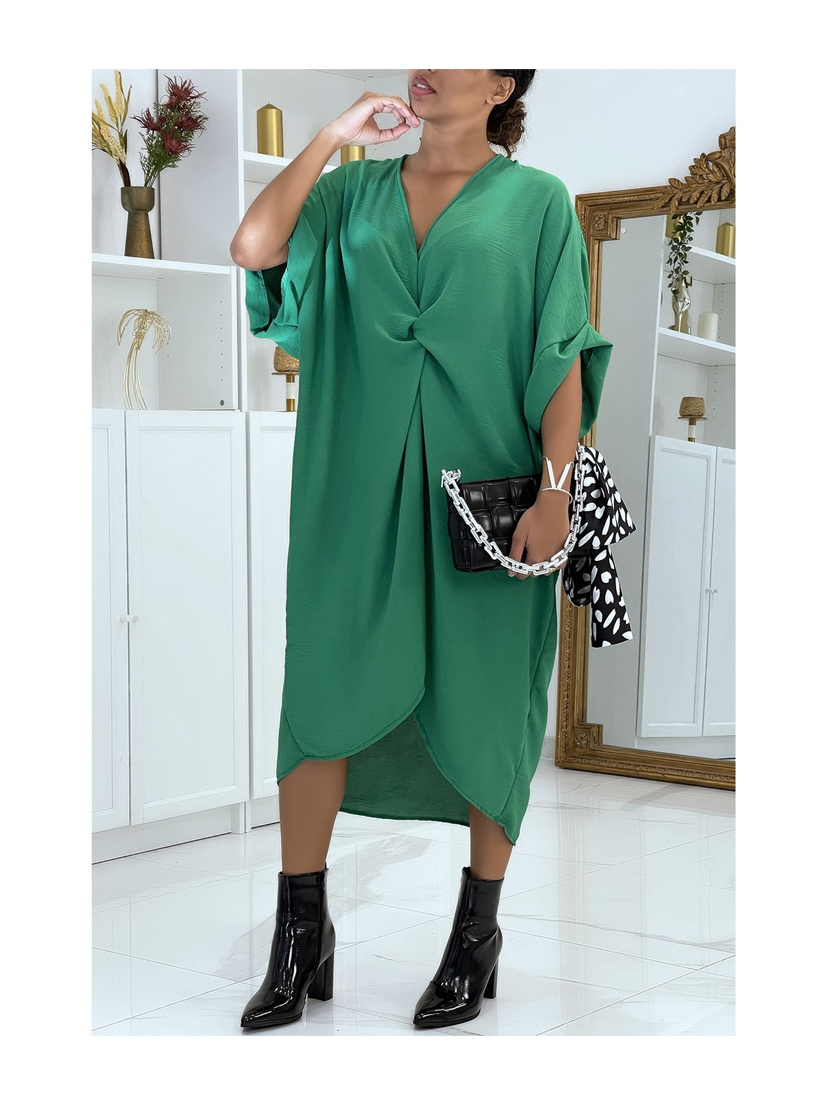 Longue robe tunique verte over-size croisé devant - 2