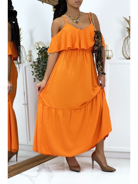 Longue robe orange évasé à volant avec bretelles - 3