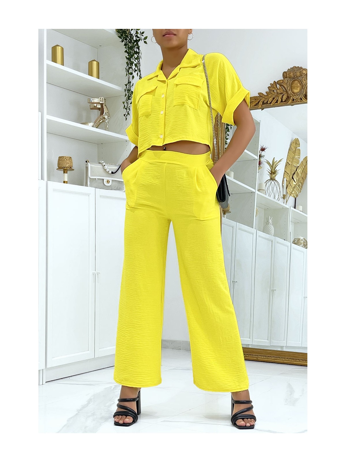 Ensemble chemise saharienne et pantalon palazzo jaune - 1