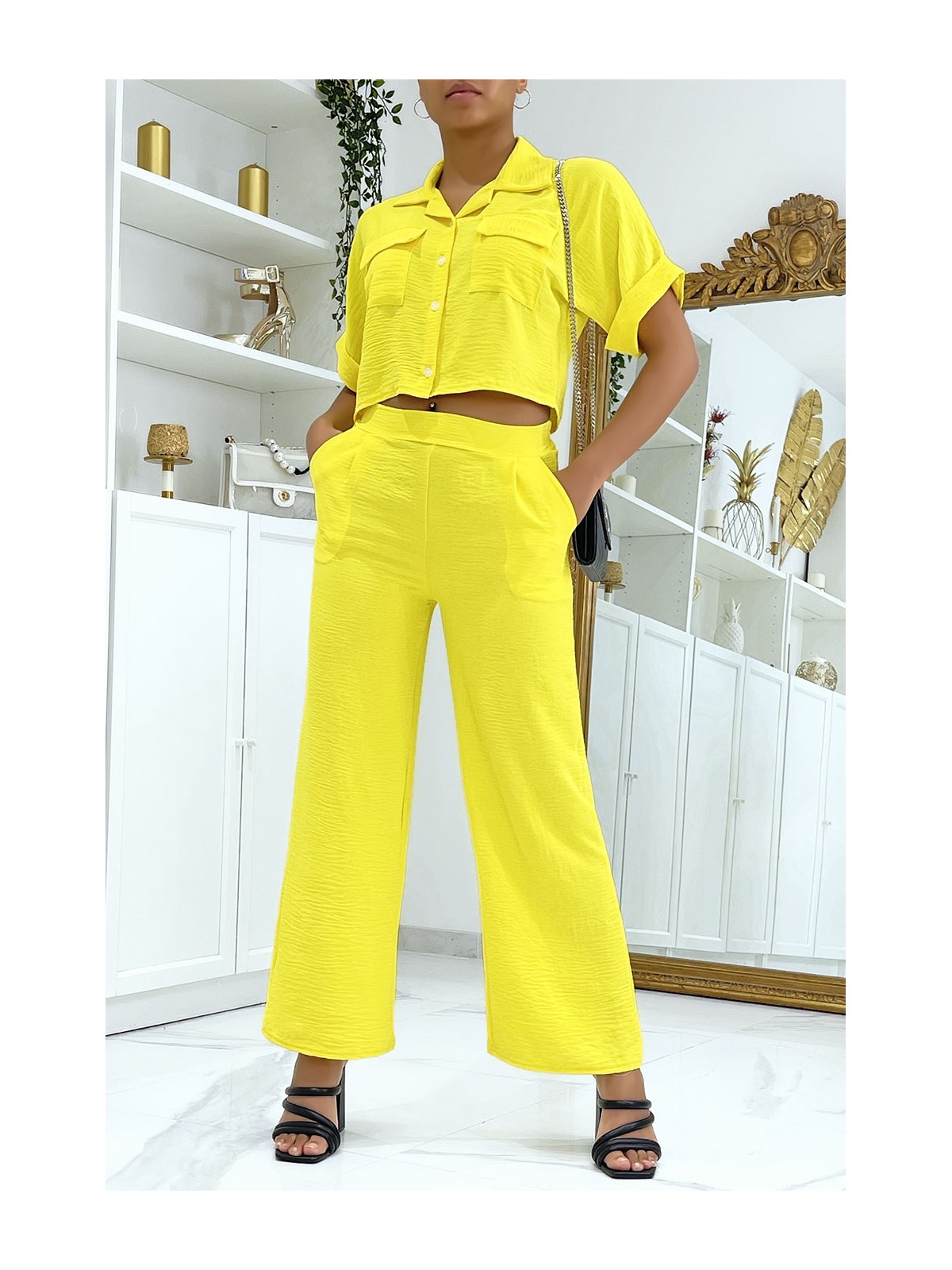 Ensemble chemise saharienne et pantalon palazzo jaune - 2