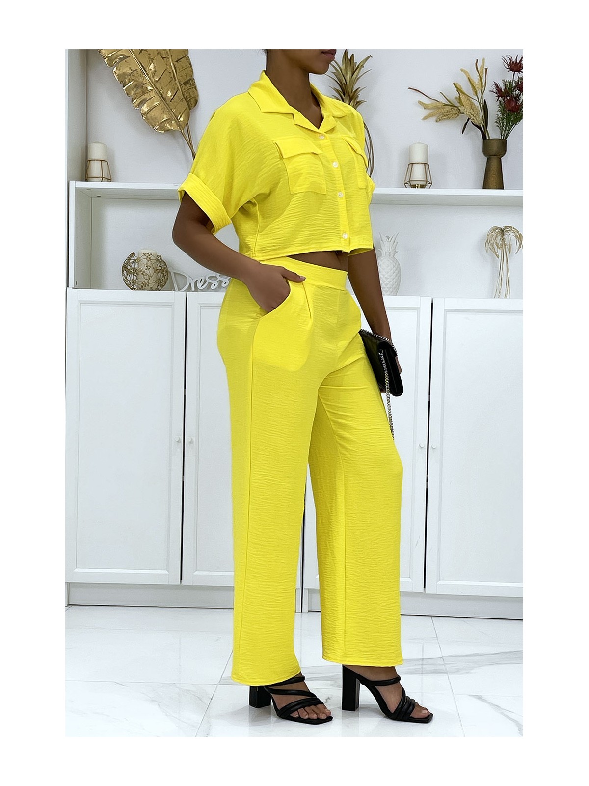 Ensemble chemise saharienne et pantalon palazzo jaune - 3