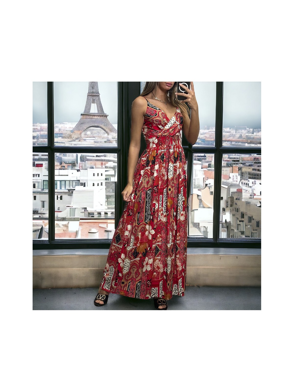 Longue robe avec sublime motif rouge bretelles amovible - 2