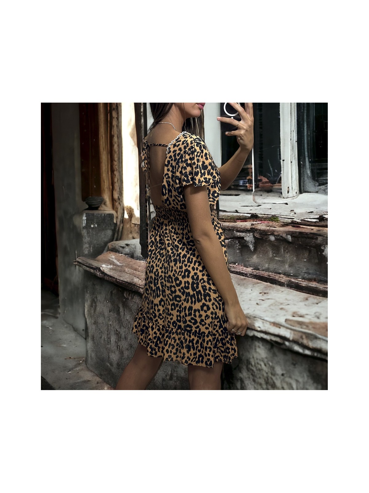 Robe motif léopard taupe froncé à la taille - 3