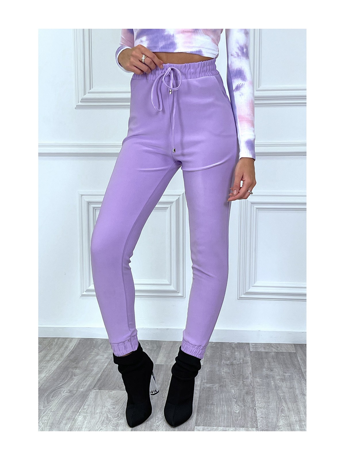 Pantalon violet coupe cigarette à élastique - 4