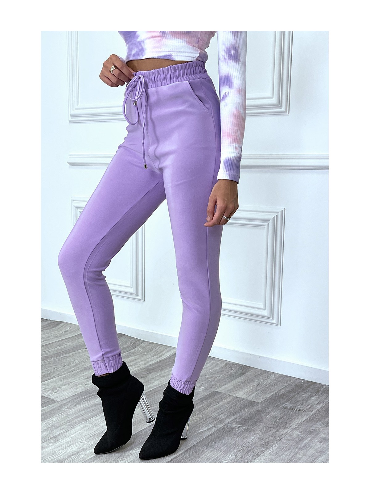Pantalon violet coupe cigarette à élastique - 5