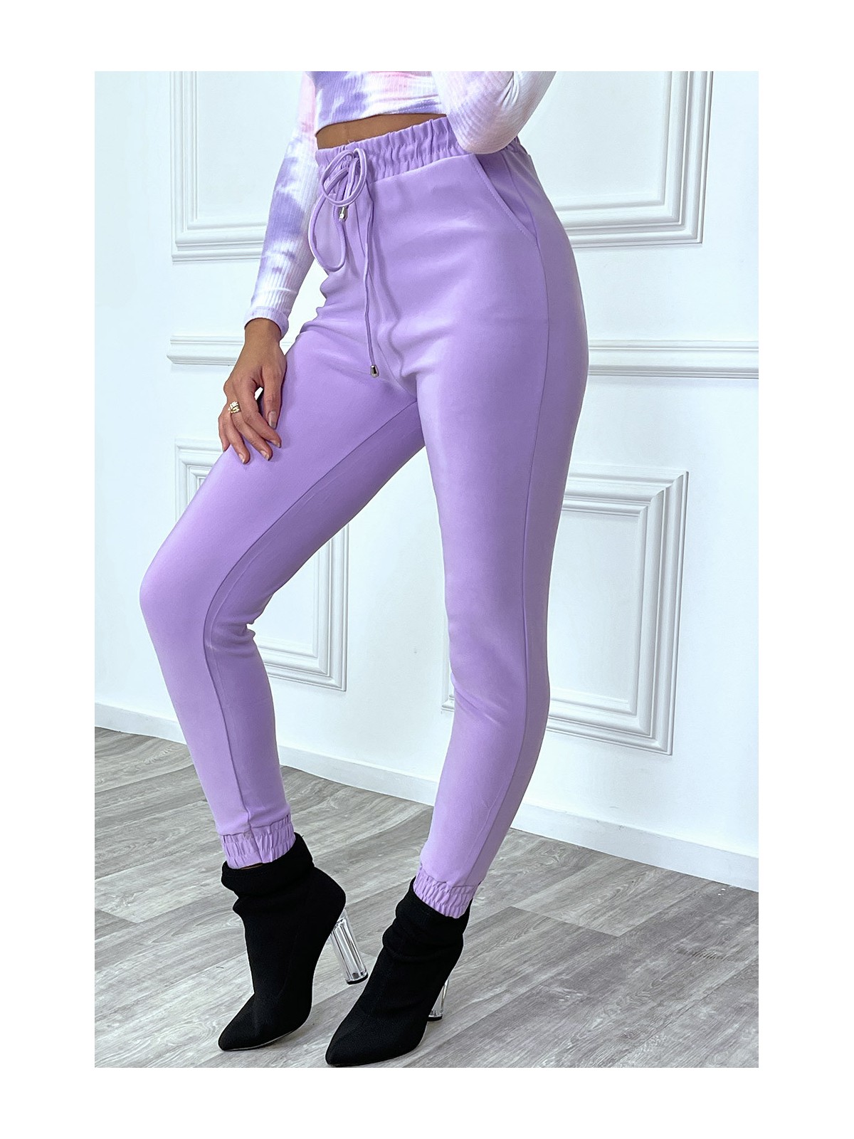 Pantalon violet coupe cigarette à élastique - 6
