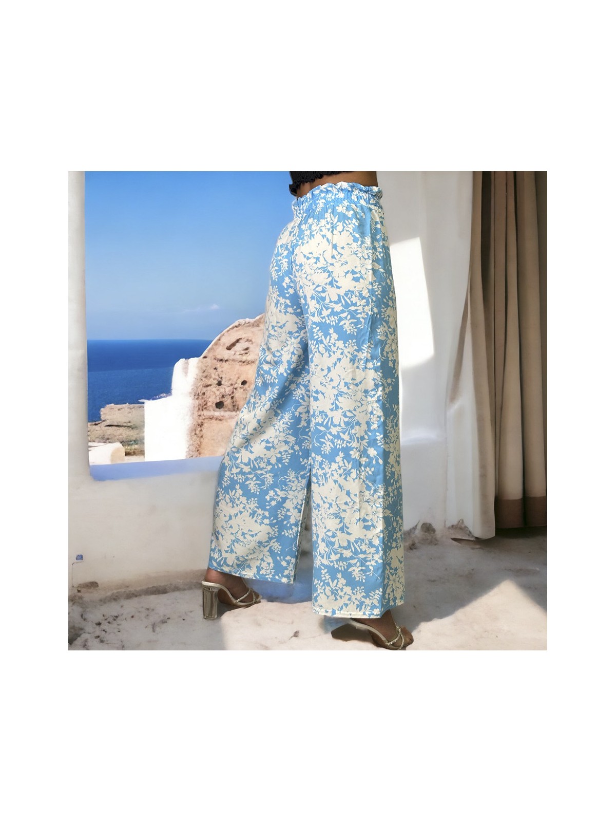 Pantalon palazzo motif fleuris turquoise - 1