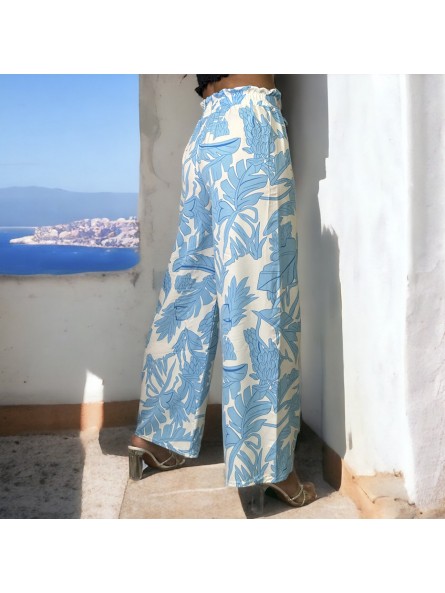 Pantalon palazzo turquoise à motif - 1