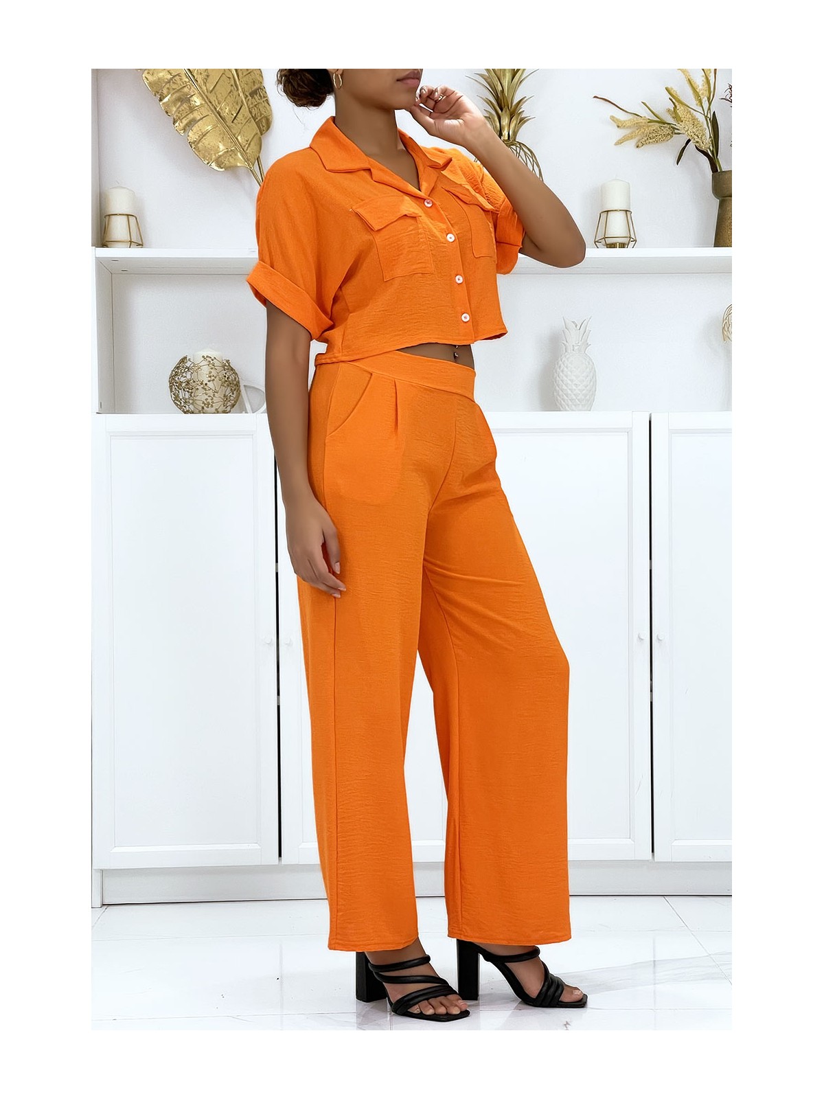 Ensemble chemise saharienne et pantalon palazzo orange - 1