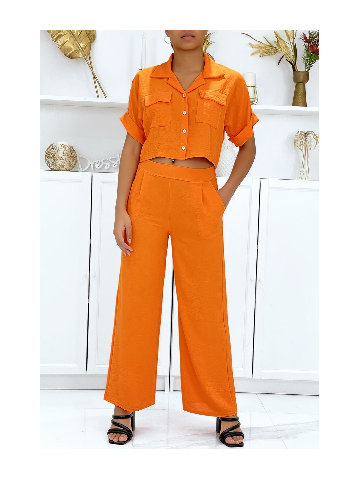 Ensemble chemise saharienne et pantalon palazzo orange - 2