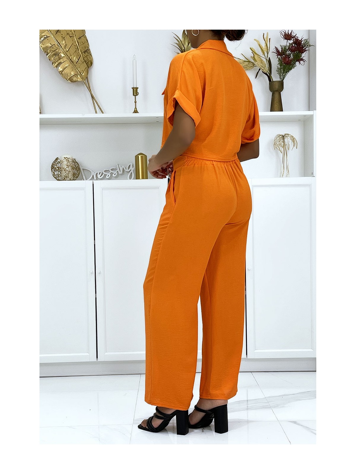 Ensemble chemise saharienne et pantalon palazzo orange - 3